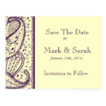 Purple Paisley Pattern Save The Date postcards