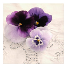purple pansies on decorative fabric invitation