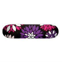 Purple Pink White Flower Art on Black Skate Deck