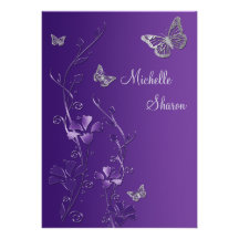 Purple Silver Floral with Buttterflies Bat Mitzvah Custom Invites