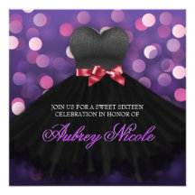 Purple Sweet Sixteen Black Dress Birthday Invite