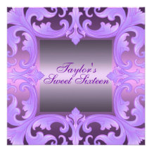 Purple Sweet Sixteen Damask Design Birthday Invite