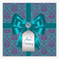 Purple Teal Blue Damask Baby Baptism Christening invitations