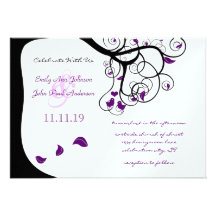 Purple Tree Swirls Love Birds Wedding Invitation