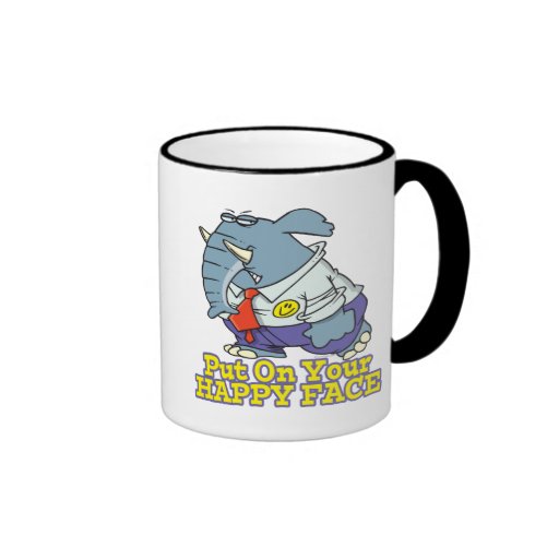 put on your happy face facade elephant coffee mugs