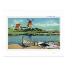 Quaint Cape Cod, View of Windmill and Boats Postcard