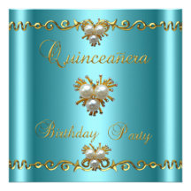 Quinceanera 15th Elegant Teal Gold Pearl Jewel Custom Announcements