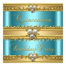 Quinceanera 15th Elegant Teal Gold Pearl Jewel Personalized Invite