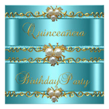 Quinceanera 15th Elegant Teal Gold Pearl Jewel Personalised Announcement