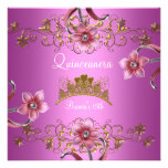 Quinceanera 15th Pink Flowers Gold Tiara Personalized Invite