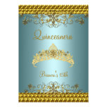 Quinceanera 15th Teal Blue Gold Diamond Tiara Personalized Invitation