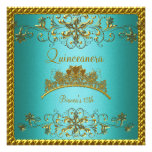 Quinceanera 15th Teal Blue Gold Tiara 2 Custom Announcements