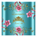 Quinceanera 15th Teal Blue Pink Flowers Gold Tiara Announcements