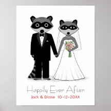 Raccoons Wedding Bride and Groom with Custom Text Posters
