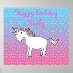 Rainbow unicorn on blue pink stars print
