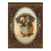 Raining Again Vintage Illustration Postcard