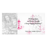 raspberry pink chandelier pattern on white photo greeting card