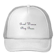 Real women play bass text design, quilted. hat
