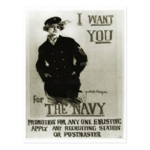 Recruitment poster, girl in naval greatcoat post card