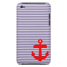 Red Anchor and Navy Blue Sailor Stripes Barely There iPod Cover