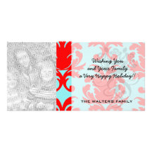 red and aqua lovely formal damask customised photo card