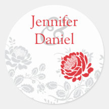 Red and Grey Damask Envelope Seal Round Sticker