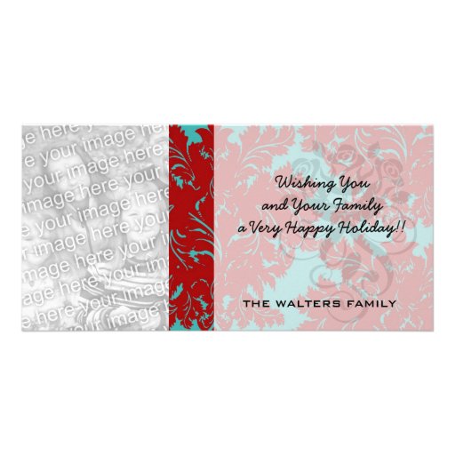 red and teal aqua bold intricate damask personalized photo card