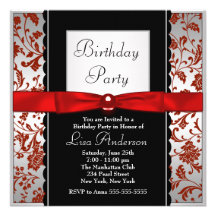 Red & Black Bow Tie Damask Birthday Party Personalised Invite
