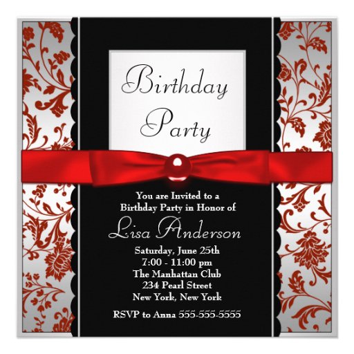 Red & Black Bow Tie Damask Birthday Party Personalised Invite