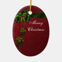 Red Damask Pinecones & Green Satin Bow Christmas O Christmas Ornament