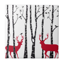 Red deers in birch tree forest ceramic tiles