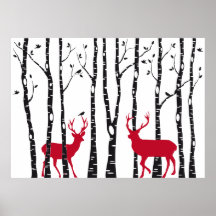 Red deers in birch tree forest posters
