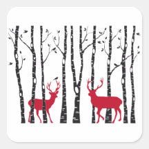 Red deers in birch tree forest square stickers