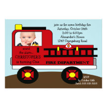 Red Fire Truck Photo Birthday Party Invite