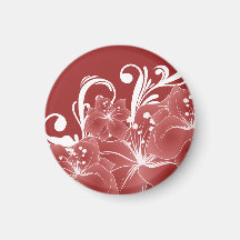 Red Floral White Scrolls Fridge Magnets