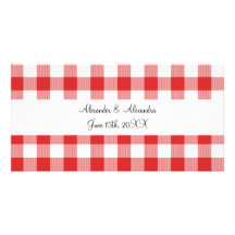 Red gingham pattern wedding favours personalized photo card
