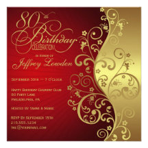 Red &  Gold 80th Birthday Party Invitation