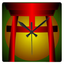 Red Green Gold Shinto Shrine Wall Clock
