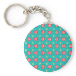 Red green snowflakes in circles on turquoise keychains