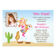 Red Haired Cowgirl Horse Birthday Party Personalised Invitation