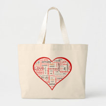 Red Heart full of Love in many languages Bags