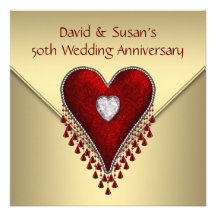 Red Heart Gold 50th Wedding Anniversary Party Custom Announcements