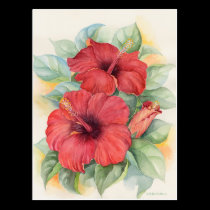 Red Hibiscus Tropical Flower Painting - Multi postcards