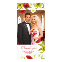 Red + Lime Green poppy flowers wedding thank you Personalized Photo Card