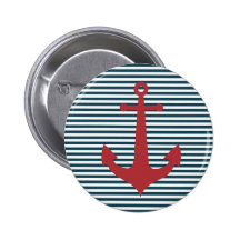 Red nautical anchor on striped blue background button