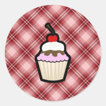 Red Plaid Cupcake Round Sticker