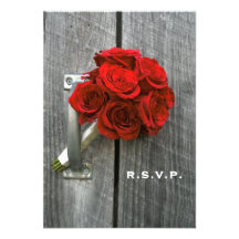 Red Rose Bouquet & Barn Wood Wedding RSVP Custom Announcement