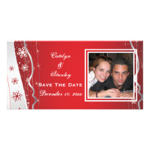 Red, silver grey snowflake wedding Save the Date Photo Card Template