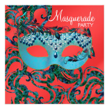 Red Teal Blue Masquerade Party Invitations