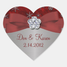 Red Velour & Silver Snowflakes Heart Stickers